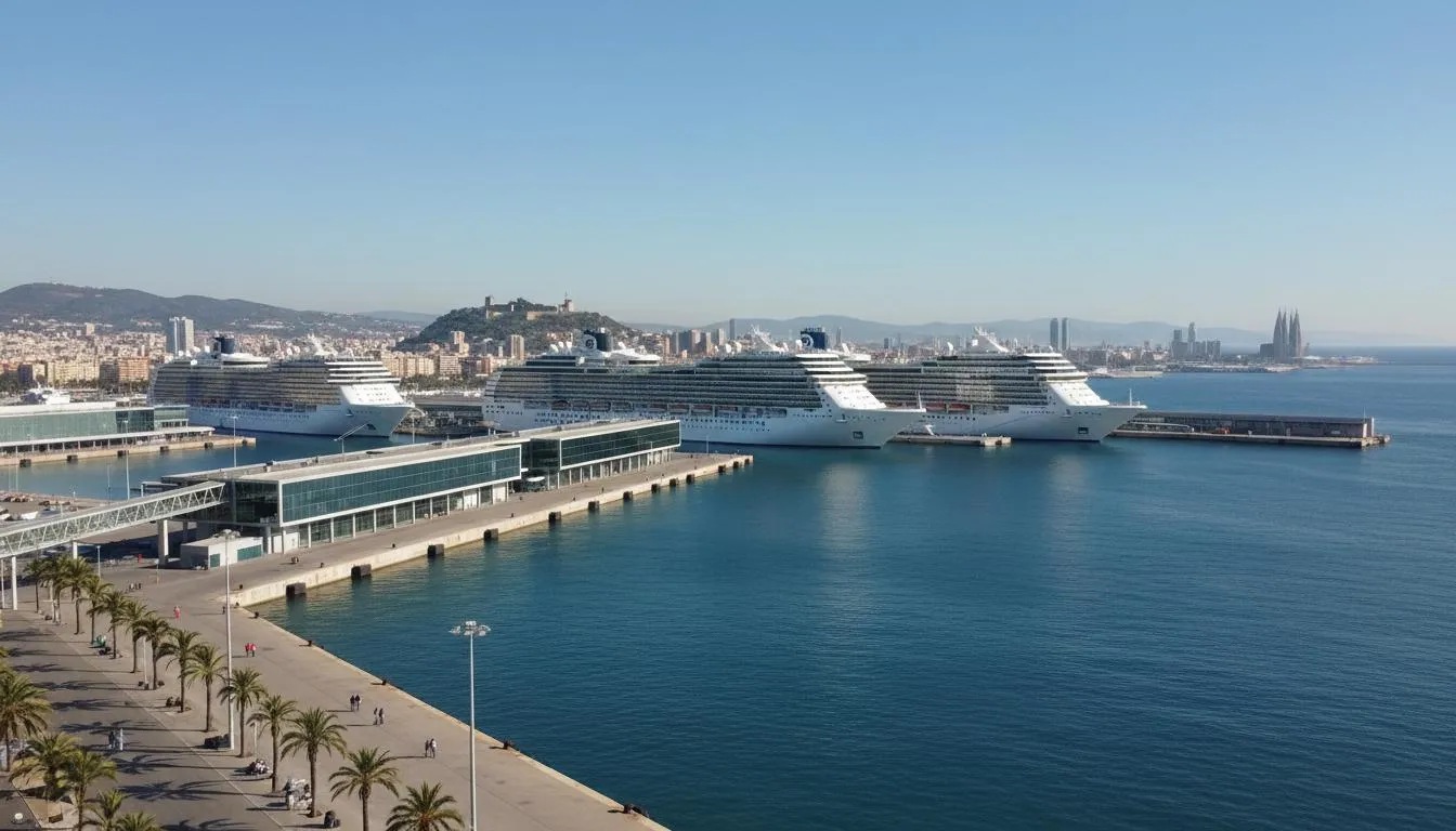 Barcelona cruise port with cruise ship and Mediterranean sea in the background