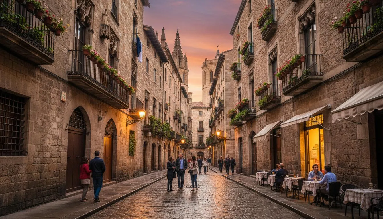 Narrow medieval streets of Barcelona's Gothic Quarter with stone archways