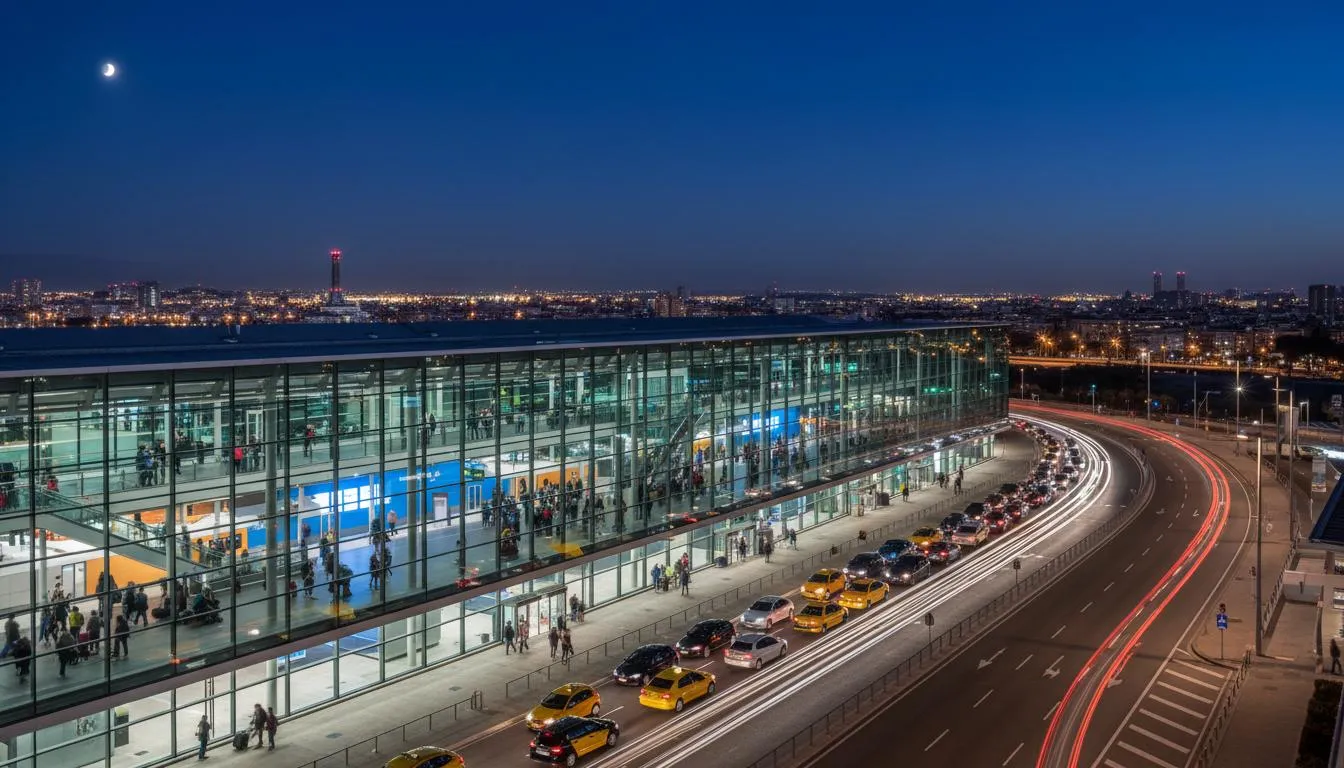 Barcelona airport terminal at night with taxi rank