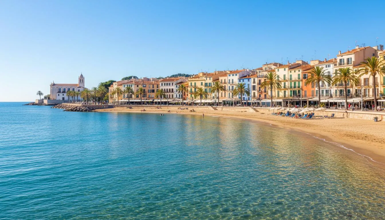 Sitges beach promenade with colorful Mediterranean buildings in the background